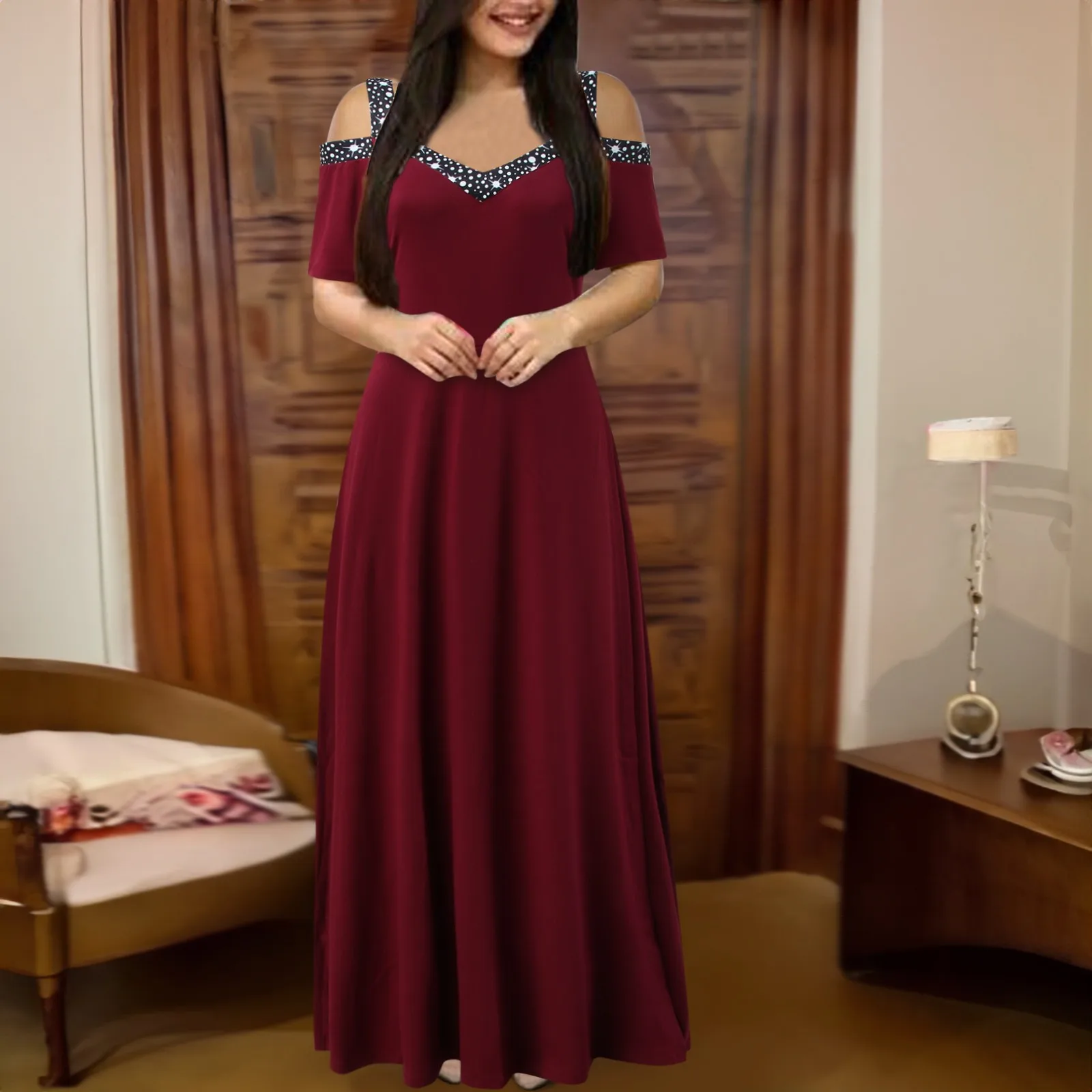 

Formal Wedding Guest Dress Vintage Solid Color Off Shoulder Short Sleeve A-Line Red Dress Floor Length Slim Birthday Dresses