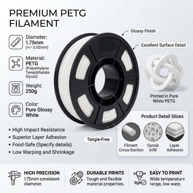 PETG 3D 프린터 필라멘트 1.75mm 250g 고강도 레이어 접착력 흰색 회색 투명 스킨 핑크 블랙