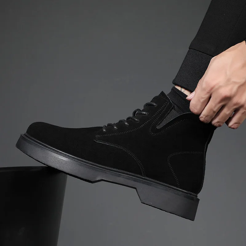 

Мужские ботинки из коровьей замши, черные ковбойские ботильоны на платформе, Осень-зима