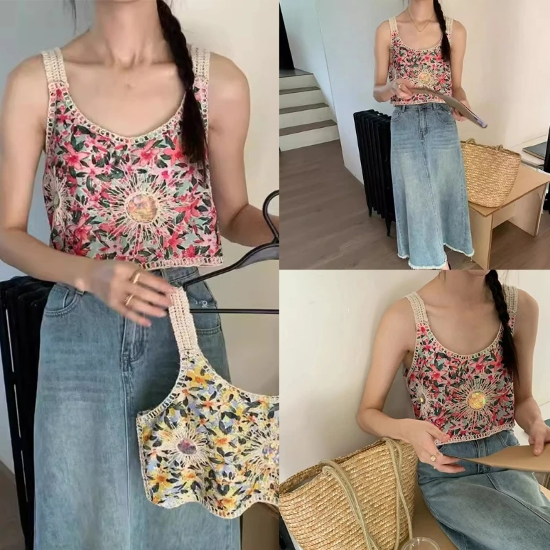 

Women Crochet Flower Crop Top Embroidery Sequined Sun Loose Camisole Vests