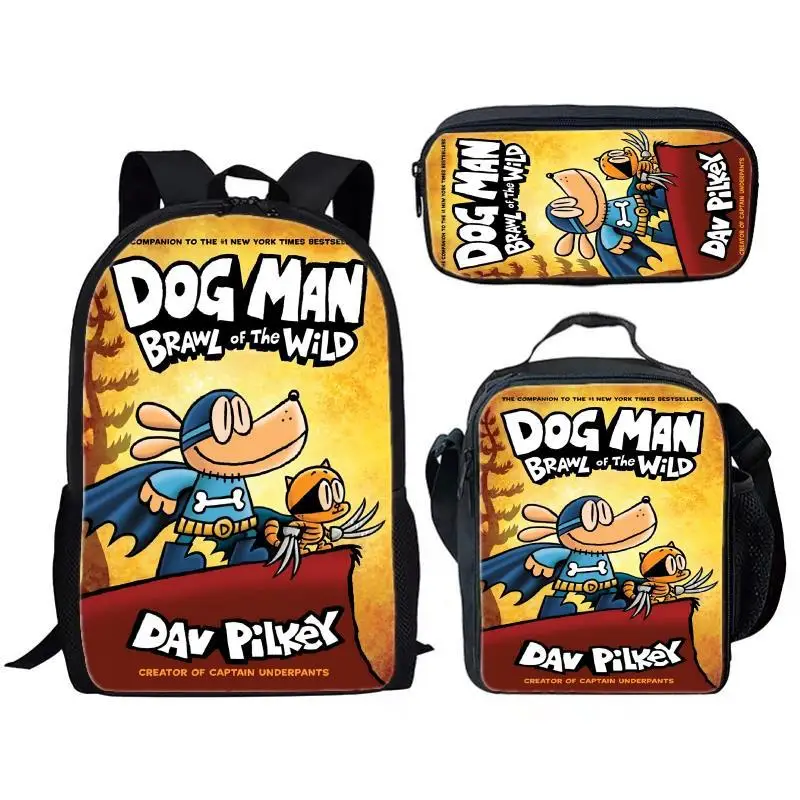 Dog Man Detective Dog Three Piece Set for Children and Elementary School Students, Large Capacity Backpack, Meal Bag, Pen Bag 2