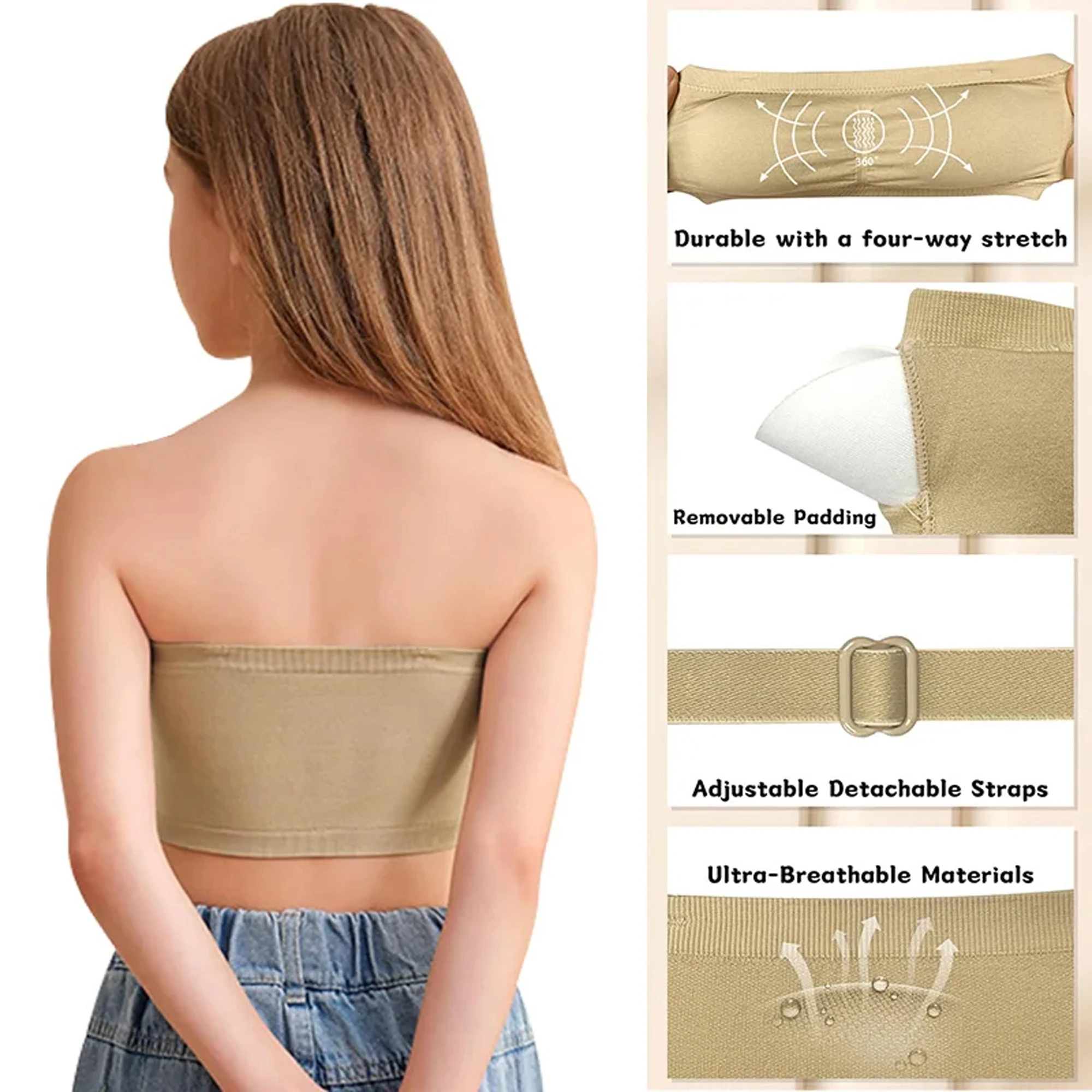 Nahtlose Bandeau-BHs für Mädchen, Ballett, Tanz, 2 Paar verstellbare, durchsichtige Träger, Brustpolsterung für Tanz, Gymnastik – Detail 7