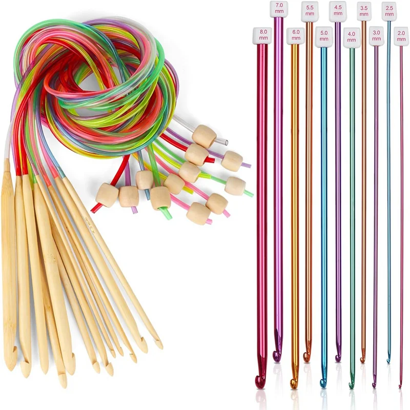 23 Pcs Tunisian Crochet Hooks Set Kit 11Pcs Aluminum Long Crochet Hooks 2.0-8.0 Mm And 12 Pcs Bamboo Tunisian Set