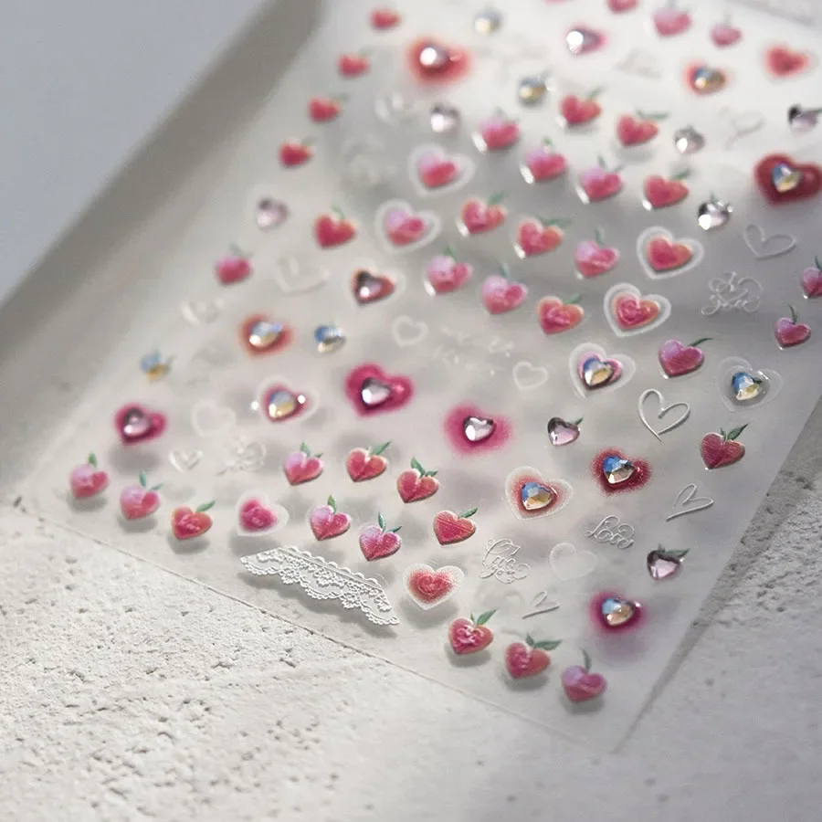 Rosa weiße Schleife Spitze Liebe Herz Erdbeere Kristall 5D Nail Art Aufkleber Strass schicke selbstklebende Dekorationen Maniküre Aufkleber – Detail 9