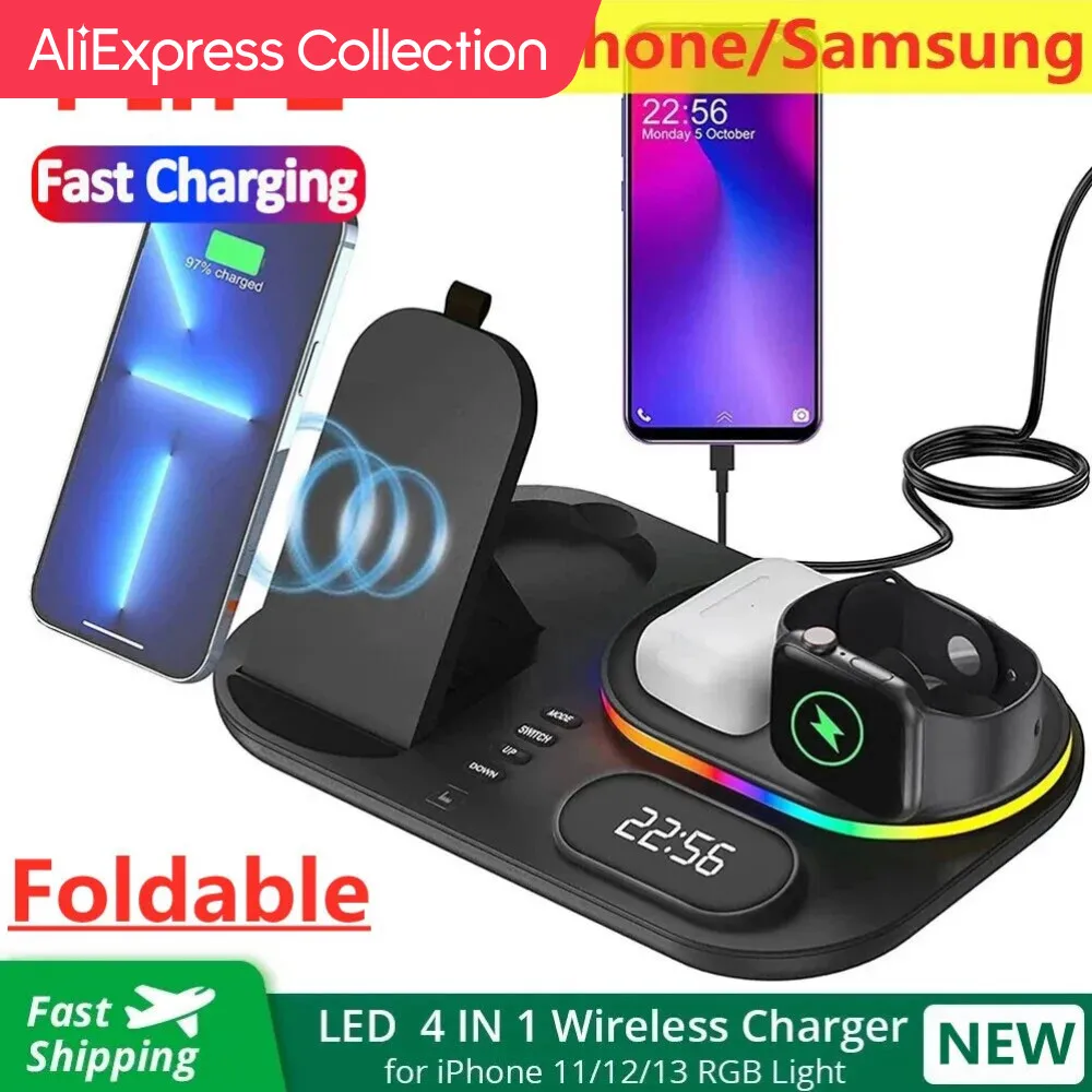 Aliexpress Collection 4 In 1 Caricabatterie Wireless Stand Light Per Iphone 14 13 12 11 X Apple Watch Airpods Samsung Galaxy Watch Fast