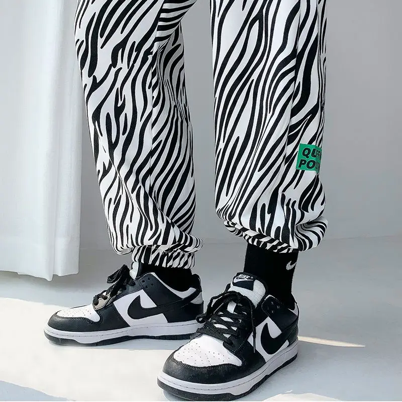 Spicy Girl Zebra Pattern Women's 2024 Summer Spliced High Waist Slimming Drawstring Pocket Loose Minimalist Casual Harlan Pants