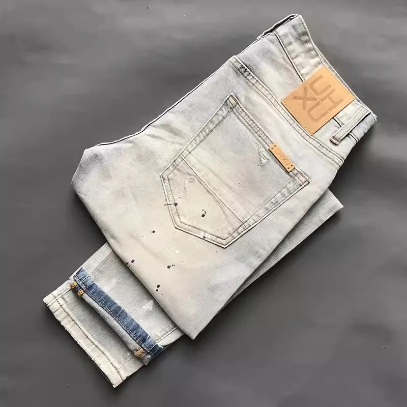Street Fashion Men Jeans Retro Light Blue Stretch Slim Fit Hip Hop Ripped Jeans Men Patched Designer Vintage Denim Pants Hombre