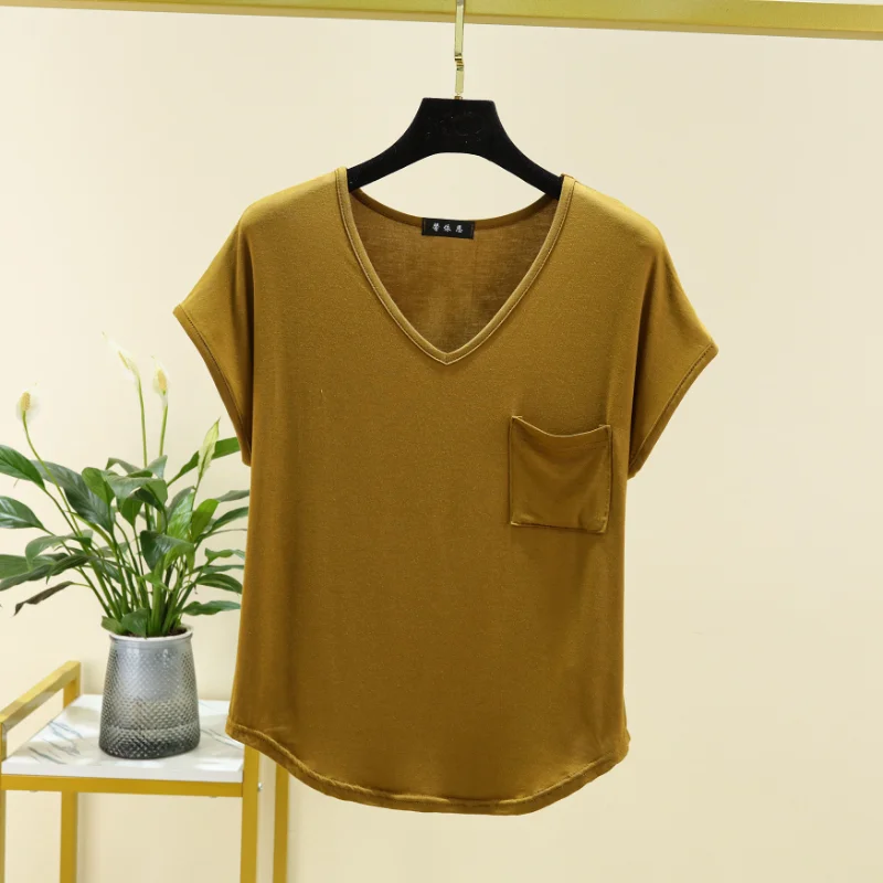 2024 new women's summer one-piece pajamas Modal short-sleeved top with thin solid color loose large V-neck household clothes