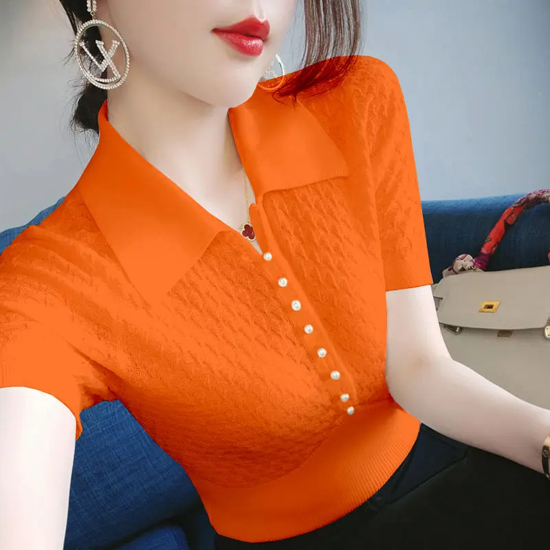 

Элегантная Однотонная футболка с отворотом и бисером, женская одежда, Новинка лета 2024, облегающие вязаные корейские топы, Офисная Женская футболка