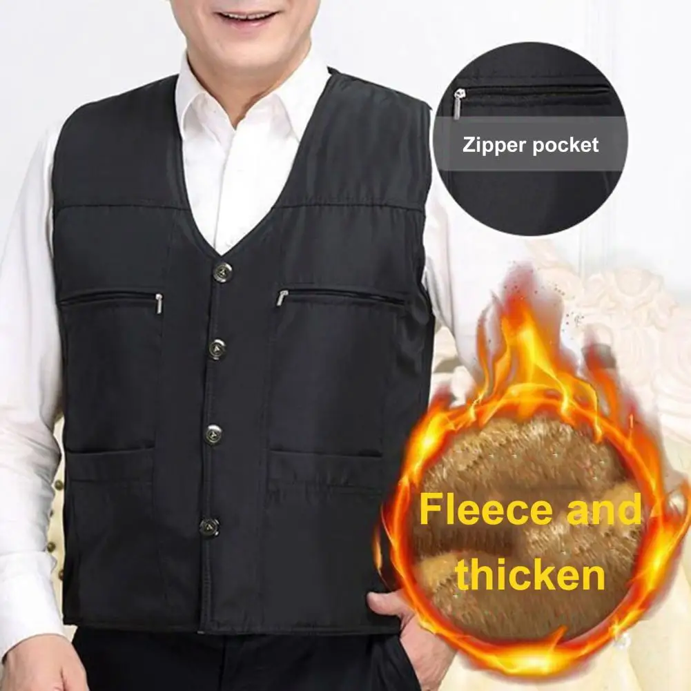 

Lightweight Men Vest Mid-aged Father Fishing Waistcoat Thick Plush V Neck Vest with Multi Pockets for Men's Winter Coat Men
