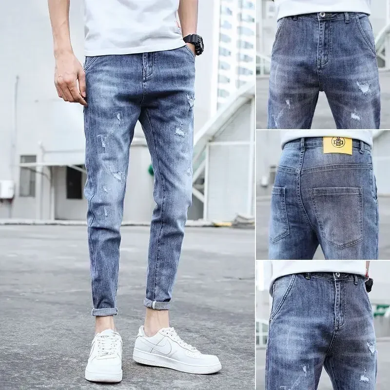 thumbnail image 1 of Pantalones vaqueros para hombre elásticos de color azul claro, pantalones vaqueros para hombre, pantalones elásticos, ajustados, ajustados, ajustados, estilo coreano, tendencia 2024, 1 of 5