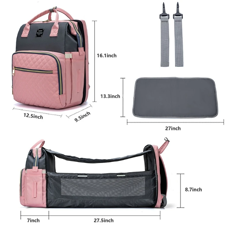 Baby Infant Nappy Changing Bag Portable Folding Crib Diaper Backpack Stroller Straps for Travel Outdoor