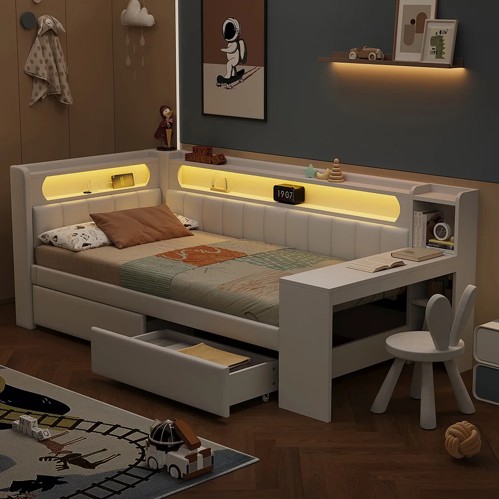 KOMHTOM Gepolstertes Daybed 90x200 cm mit USB-Anschlüssen, LED-Gürtel, Schreibtisch und 2 Schubladen – Detail 2