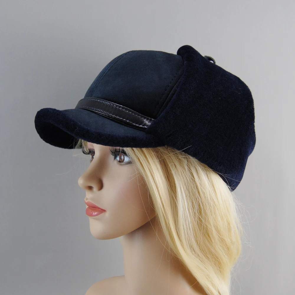 Real Fur Wool Hat base-ball cap Unisex Winter Warm Bomber Russian Ushanka Hats With Ear Flaps Cow Leather Thick Snow Earflaps Baseball Cap
