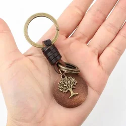 Vintage Metal & Leather Keychain Collection - Unique Shapes & Designs (Tree with Wood)