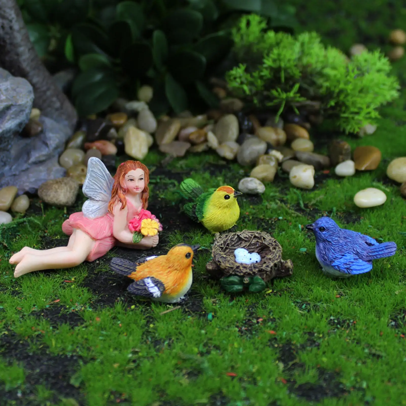 

5x Resin Ornaments Fairy Garden Figurines Party Favor Flower Fairy Bird and Bird