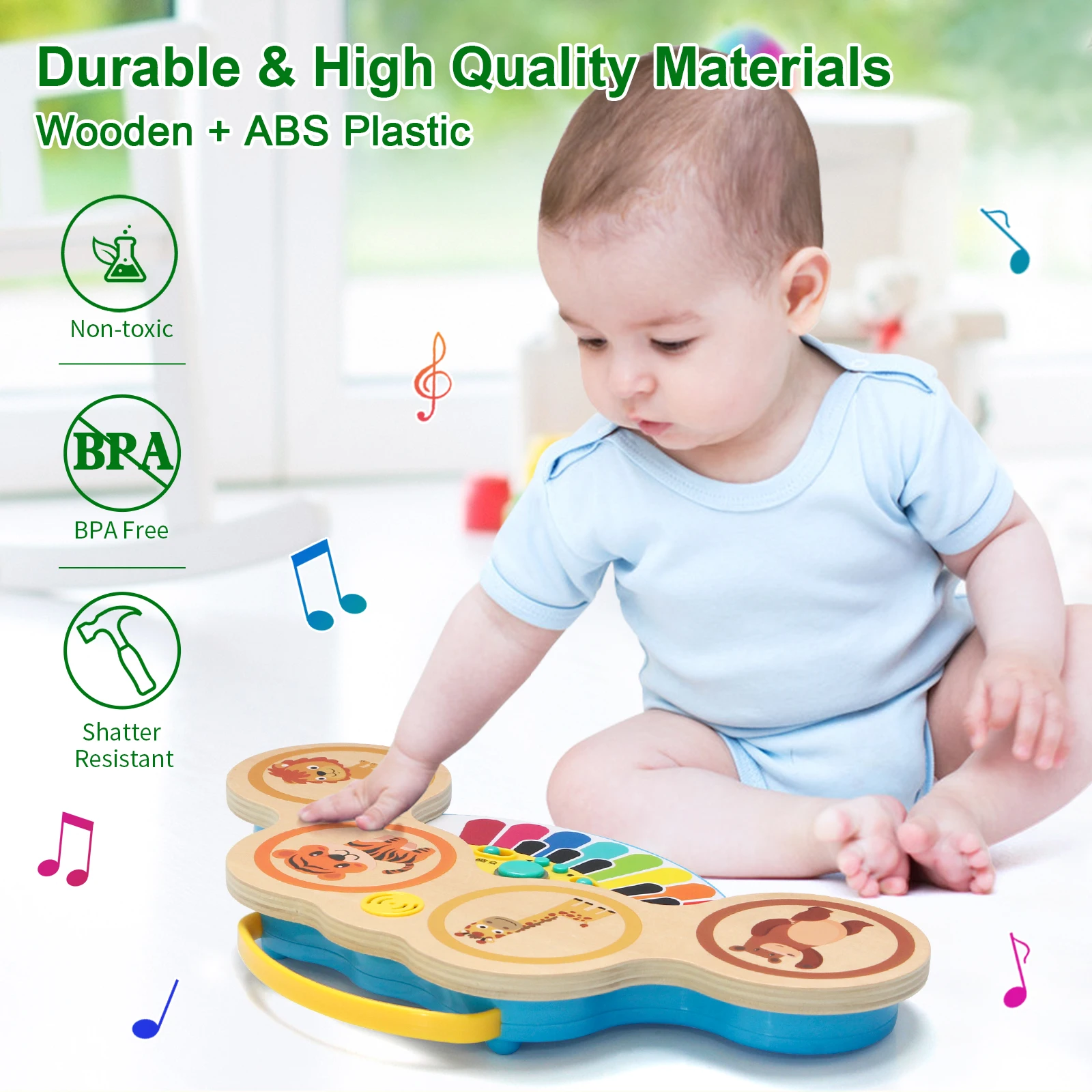 Wooden 2in1 Keyboard Piano Clapping Drum with Music & Light Cartoon Animals Music Toys Educational Toys for 12 months Baby Gifts 4