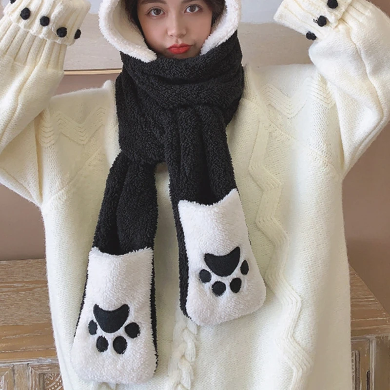 

Women's 3 in 1 Set Cartoon Plush Panda Hat Scarf Gloves Beanie Hat Mitten with Pockets Thick Winter Warm Three-piece Set