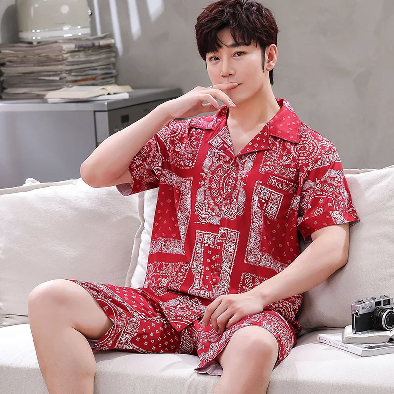 New Style Pajamas Men's Summer Snow Silk Short Sleeved Shorts Thin Youth Plus Size Home Clothes Can Be Worn Outside