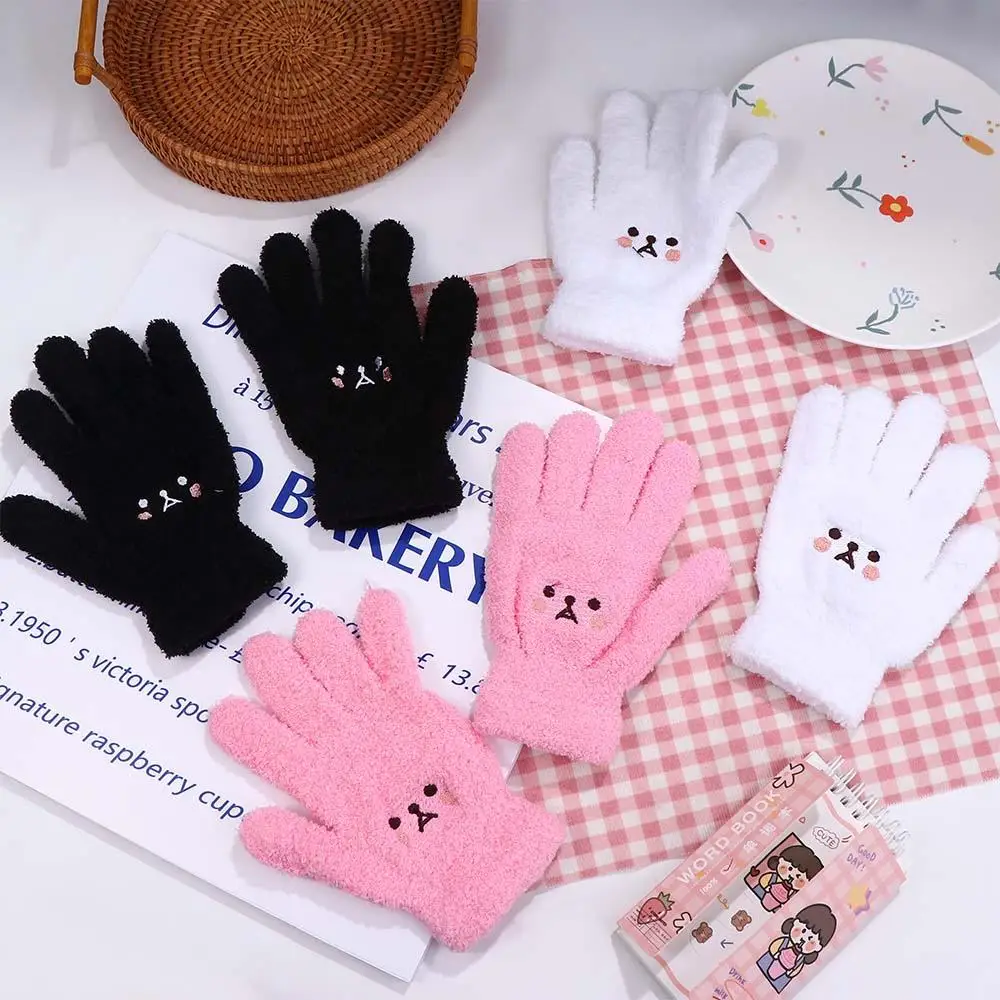 

Elastic Cute Smile Plus Velvet Bear Autumn And Winter Wool Mittens Touch Screen Gloves Full finger Gloves Female Gloves
