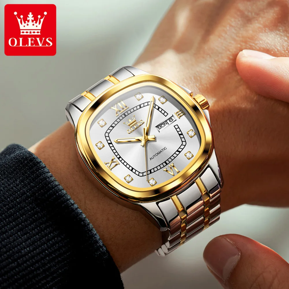 OLEVS 9810 Automatic Watch For Men Dual Calendar Luxury Diamond Scale Business Wristwatch Waterproof Stainless Steel Man Watches