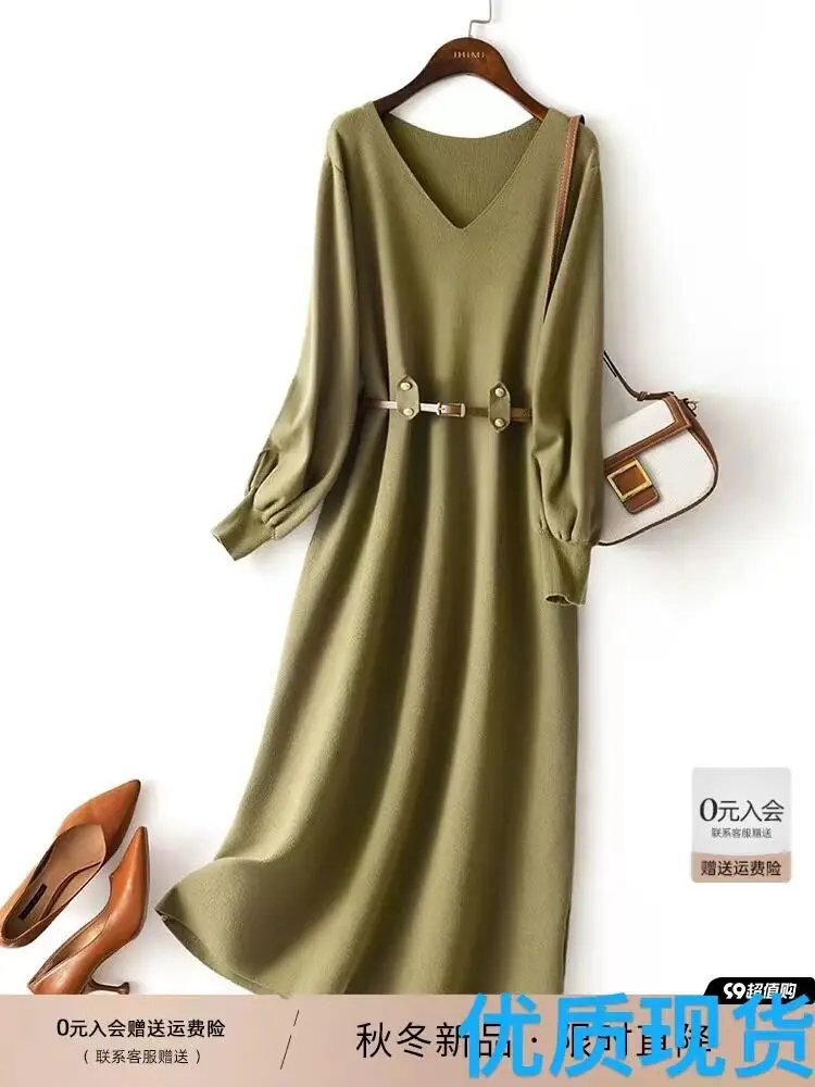 

Winter French Solid Soft Knitted Sweater Dresses High Quality Office Ladies Elegant Long Sleeve High Waist Dresses Long Dresses