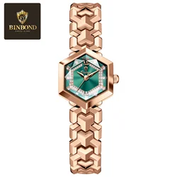 BINBOND Elegant Women's Quartz Watch with Rhombus Mirror and Luminous Diamond Dial (Rose Green)