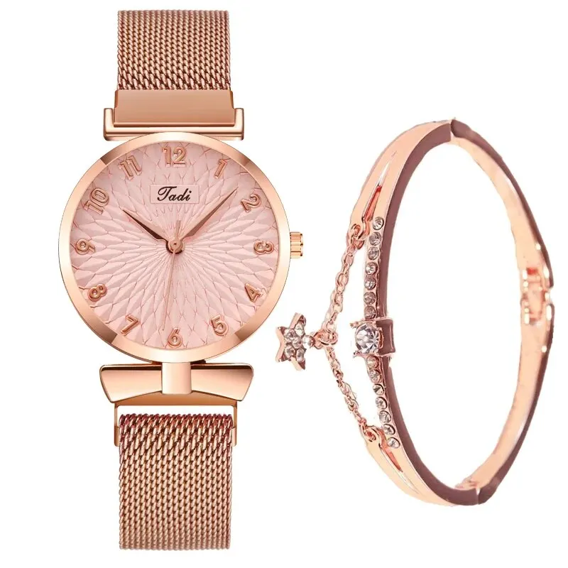 2PCS Set Women's Watch Set Trendy Pink Design Mesh Belt Alloy Wristwatch Fashionable Timepiece Quartz Watch Lady 6