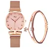 2PCS Set Women's Watch Set Trendy Pink Design Mesh Belt Alloy Wristwatch Fashionable Timepiece Quartz Watch Lady 6