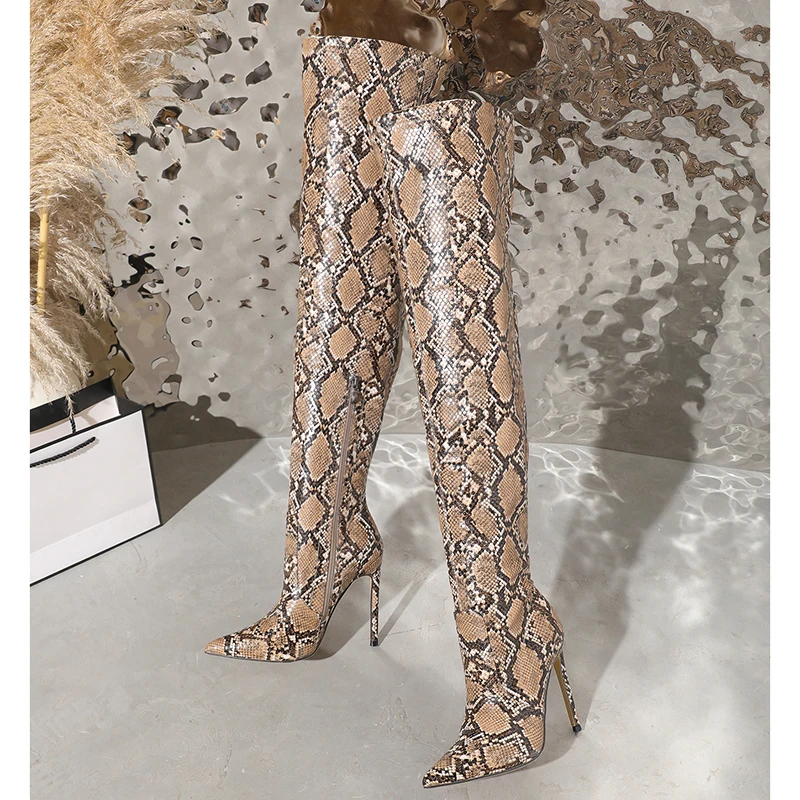 Kcenid New Women Snake Pattern Over The Knee Boots PU Leather Lady Fashion Shoes Super Stiletto High Heel Nightclub Boots Zipper