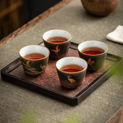 Cranes sample tea cup single glass ceramic kung fu tea set large household kitchen retro hand-painted gold crane cup, maste