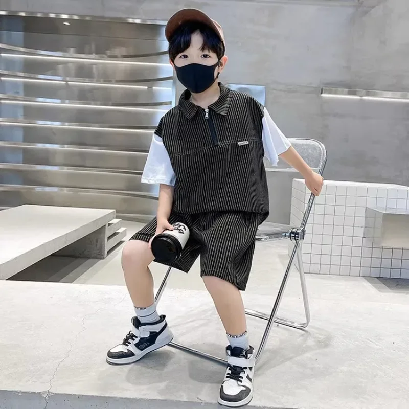 Children's Thin Striped Patchwork Boy Summer Suit New Sports and Leisure Thin and Handsome Summer Style for Big Boys