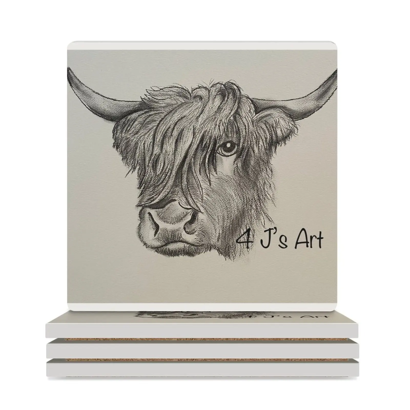 

Highland cow in black and white, monochrome, charcoal drawing Ceramic Coasters (Square) mat for dishes cute set plate Coasters