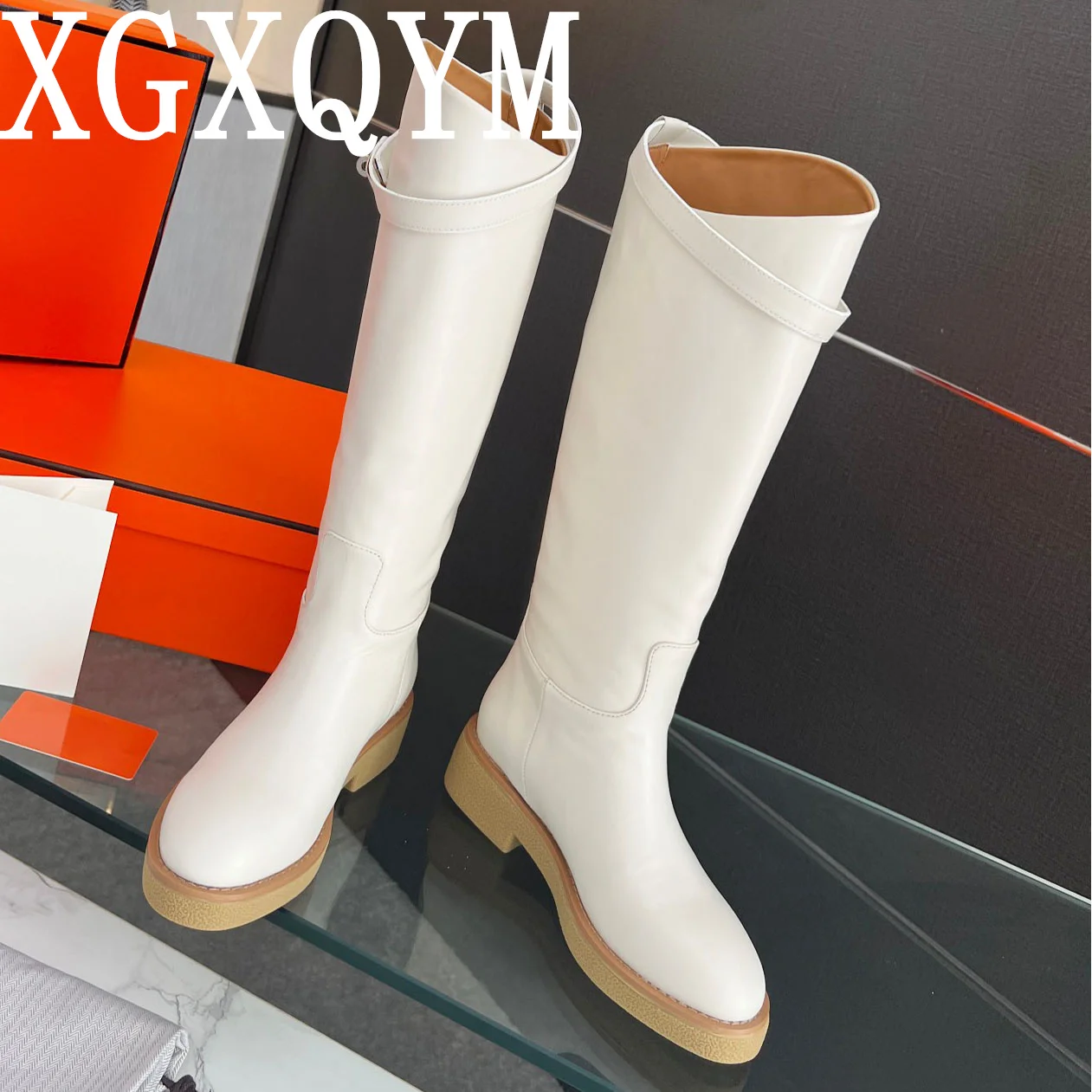 

2023 Autumn Winter New Genuine Leather Slim Fit Knee Long Boots Women Solid Color Simple Belt Buckle Retro Knight Boots Handmade