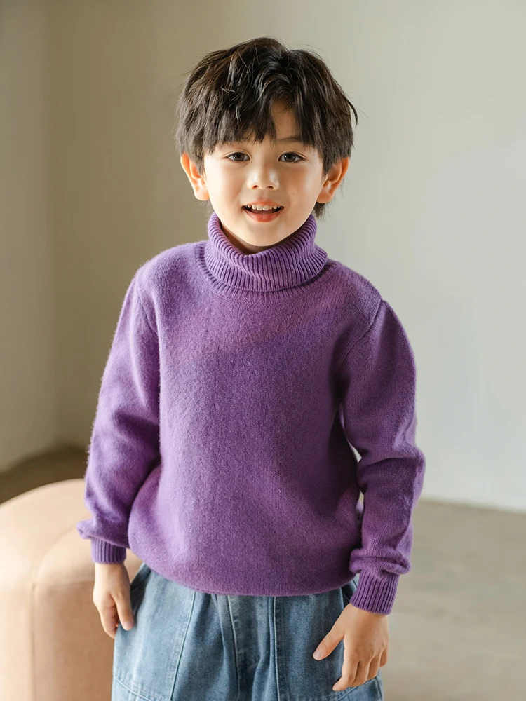 Boys Sweater Winter Childrens 100% Wool Thickened Warm Clothing Pullover Sweater Solid color High Neck Cashmere Bottom Sweater 3