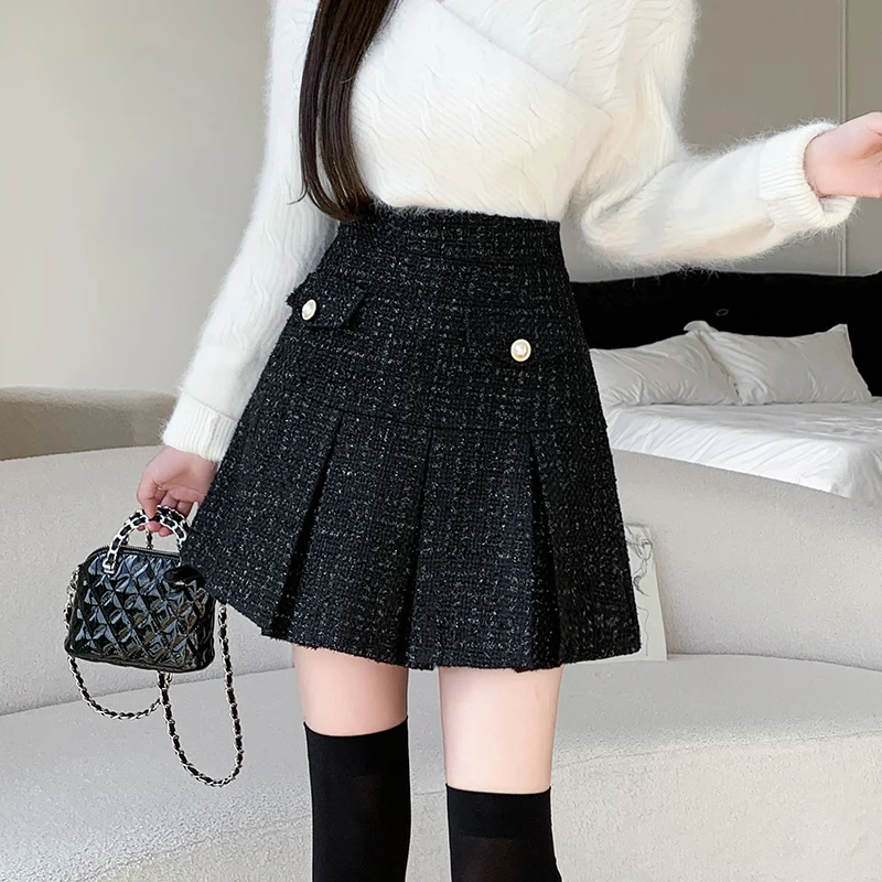 

Black Tweed Pleated Skirt Women High Waist A-line Short Mini Skirts Autumn Winter Korean Woolen Skirts Preppy Pockets Jupe T594