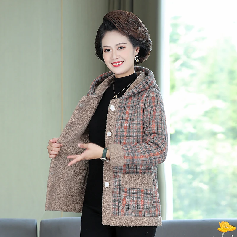 

Woolen Coat Middle Aged Women Winter Jacket 2022 New Fashion Plaid Coats Hooded Warm Wool Coat Outerwear Overcoat Female Tops