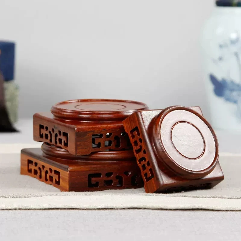 Red Sandalwood Vase Base, Carved Flower Pattern, Stone Seal, Teapot Tray, Jade Antique Ceramic Ornaments, 7-11cm Diameter