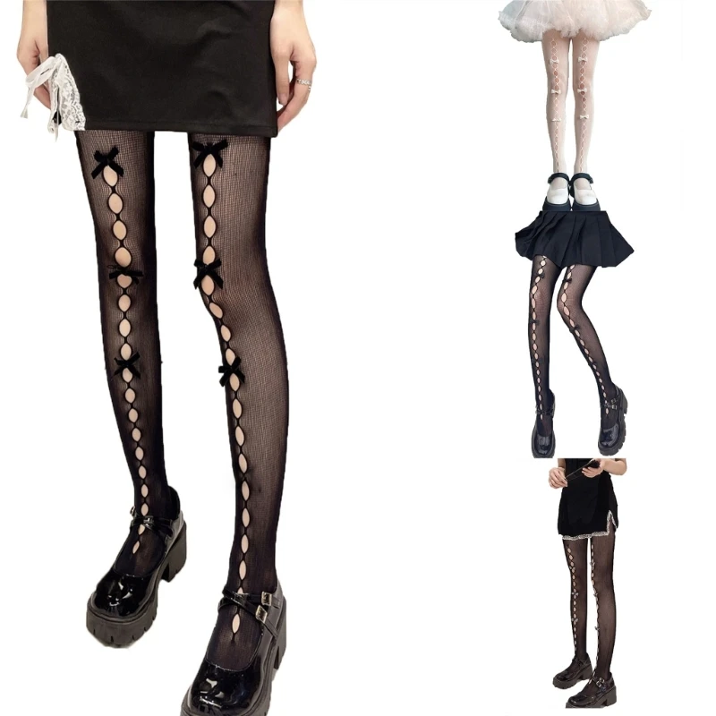 Women Gothic Sexy Fishnet Pantyhose Japanese Sweet Handmade Bowknot Hollow Out Holes Sheer Mesh Tights