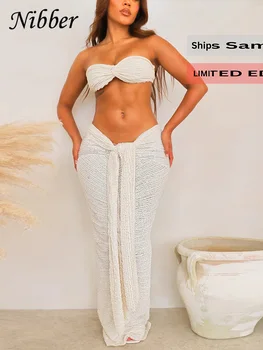 Nibber Elegant Stacked Folds Two Piece Set Women Solid Thin Strapless Chest Tops+Slim Skirts Female Streetwear Matching Suit