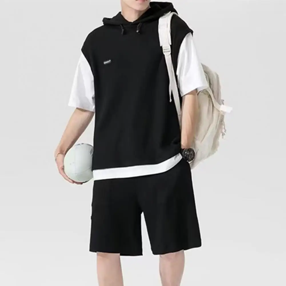 

Summer Men's Large Size Sports Suit Breathable Casual Wear Wild High Street Chic Fake Two-piece Casual T-shirt Simple Shorts