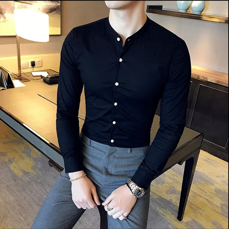 Men Slim Fit Shirt 2025 Autumn Cotton Solid Stand Collar Casual Business Long-sleeved Shirts Male Fashion Camisas Men Clothing Cotton Shirt Long Sleeve Shirt Men Casual Shirt