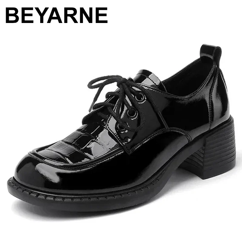 

Women's Shoes Loafers Spring New Real Leather Lace-up Women's Medium-heeled Shoes British Plus Size Women's Shoes