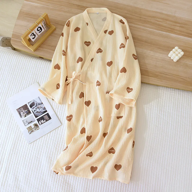 Japanese Style Kimono Spring Summer New 100% Cotton Crepe Ladies Thin Nightgown Women Bathrobe Robe Home Service Pajamas