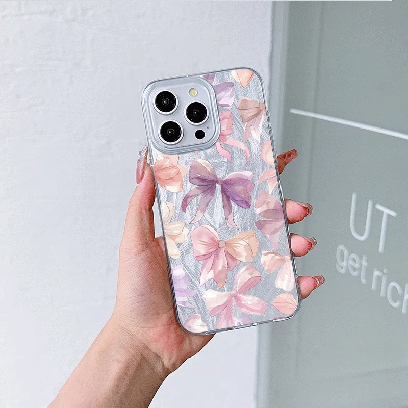 Chic Pink Bowknot Painted Phone Case - Feather Texture Hard Cover Y2K Design