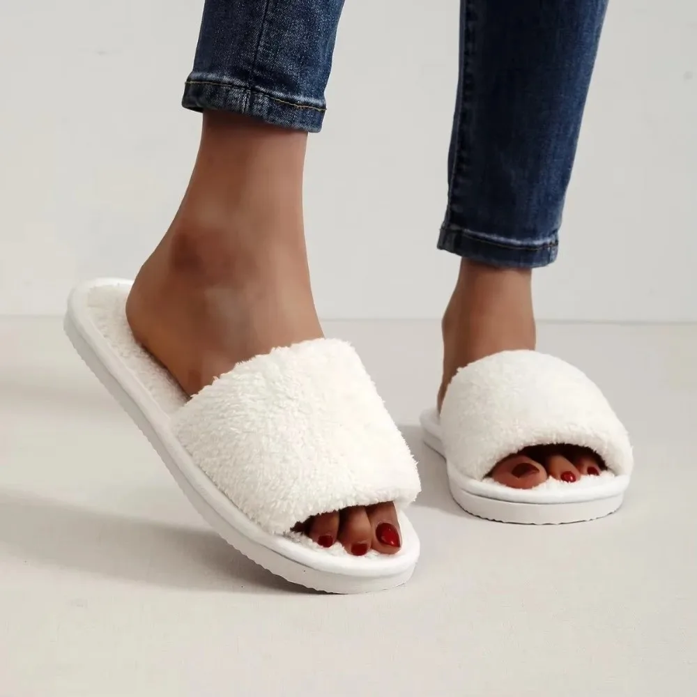 New White Fur Women's Home Slippers Comfortable Warm Slides Sandals Shoes Soft Lightweight Flat Slippers Four Seasons