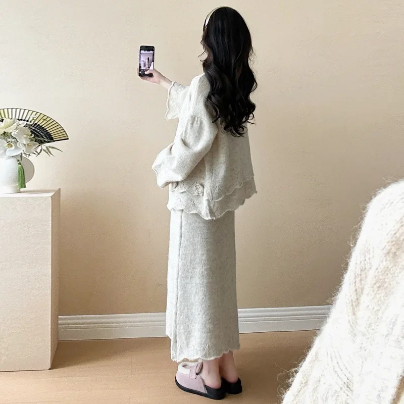 Fashionable Knitted Long Dress Set for Pregnant Women Autumn Wear Open Cardigan plus Size Trendy Maternity Clothing