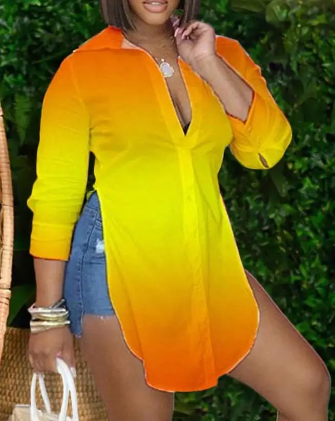 

Women's Spring and Summer Contrasting Casual Fashion Plus Size Ombre Buttoned Long Sleeve Slit Shirt ﻿