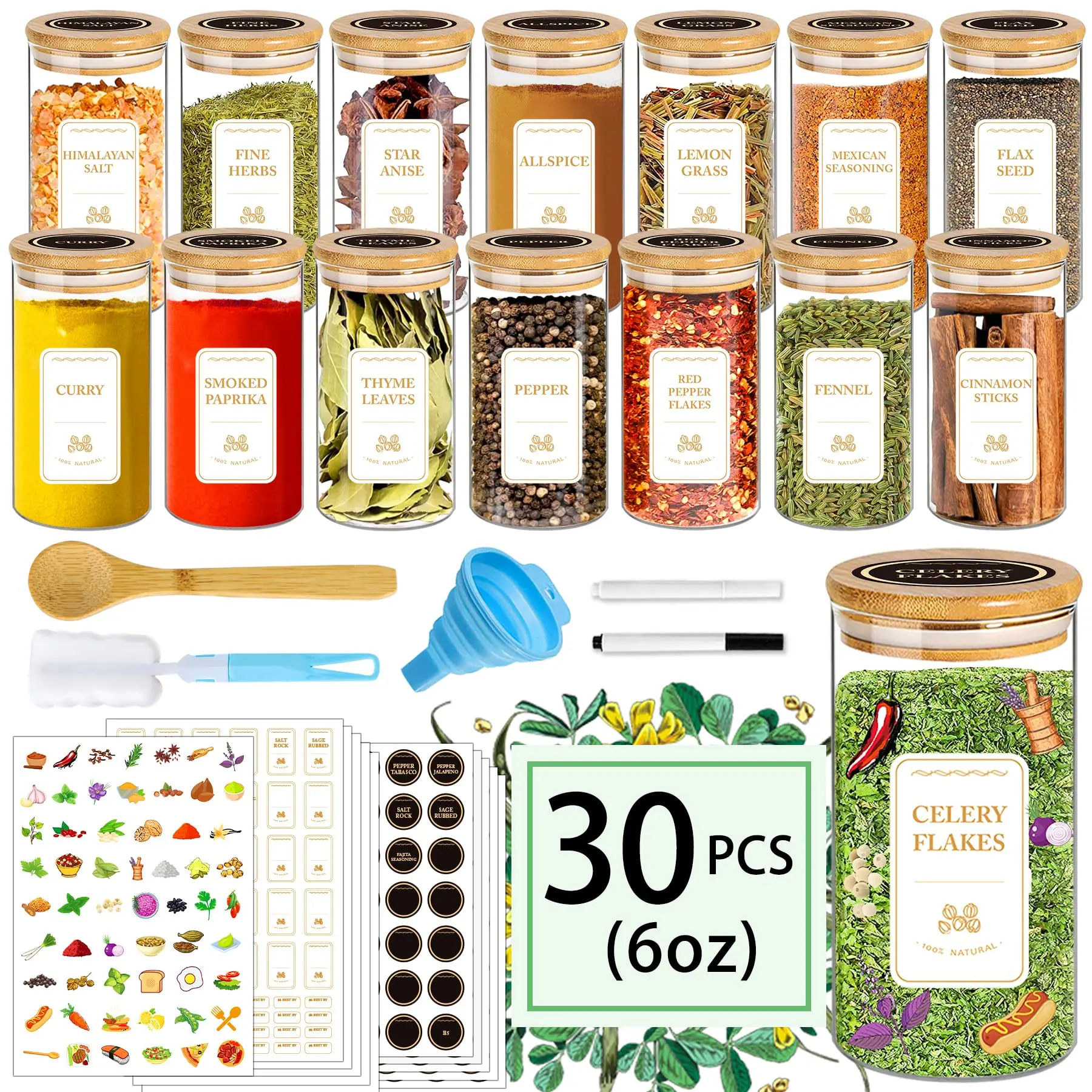 

30-Piece Glass Spice Jars with Bamboo Lids - 6oz Stackable Airtight Containers, Labels Included