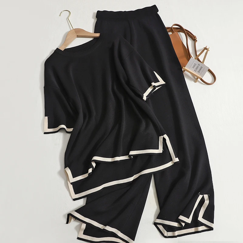 Elegant O-neck Side Slit Pullover Short Sleeve Wide Leg Pants 2-pieces New In Sets Women Solid Casual Sweatshirt Spring Summer 3